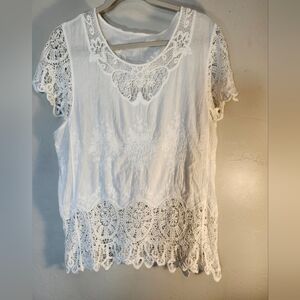 Women's White Lace Crochet Trim Short Sleeve Top Sz L